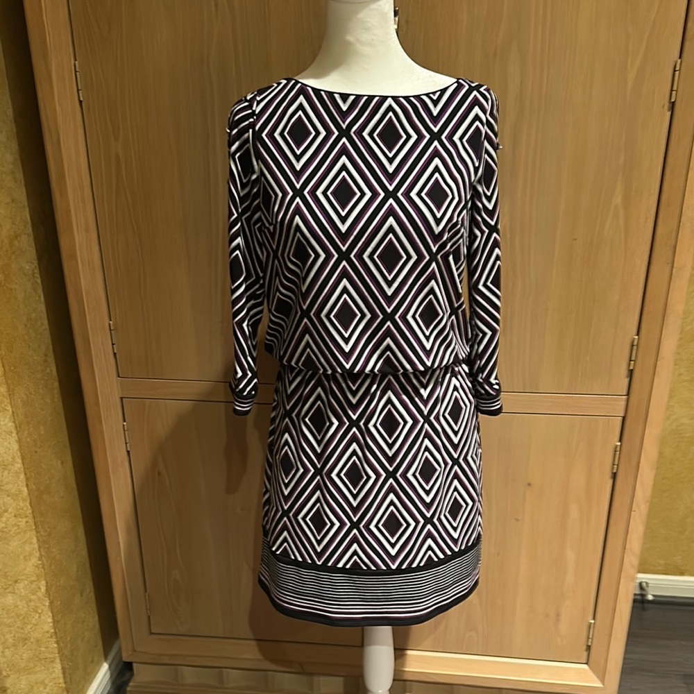 Geometric Patterned Black, White  and Purple Dress